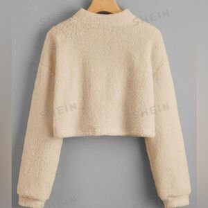 SHEIN fuzzy brown drop shoulder crop teddy sweater. Worn once .
